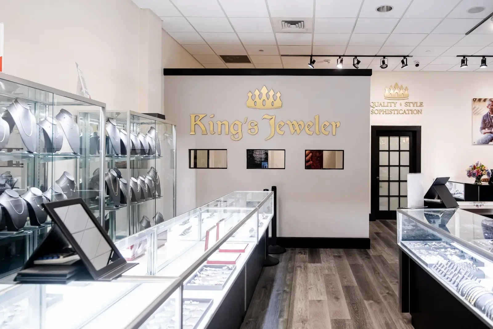 Inside the store: showcases and the crest wall