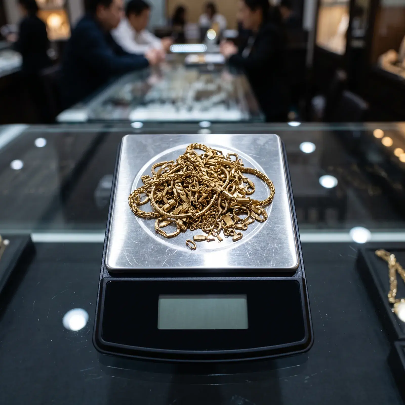Gold chains being weighed on a scale at King's Jeweler
